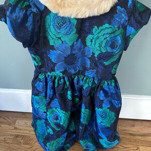 Janie and Jack Vibrant Blue and Green Dress with Faux Fur Collar. Holiday dress.